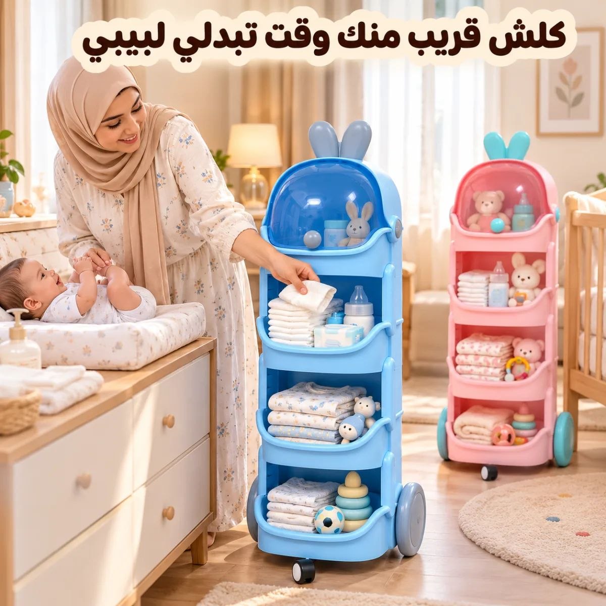 تعبتي من التقليب على الحفاظات والشوشات في الليل؟ 😩 هاذ العربة تجمع لك حوايج البيبي مرتبين وقدامك.🐰 عربة تنظيم حوايج البيبي: كلش في بلاصة وحدة!👶🧸